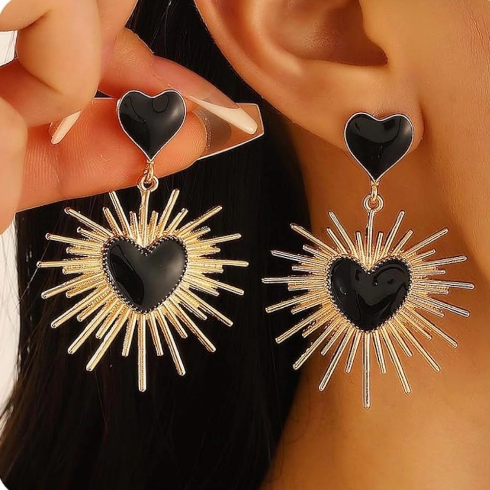 Black Heart Sunburst Drop Earrings - Women Jewelry